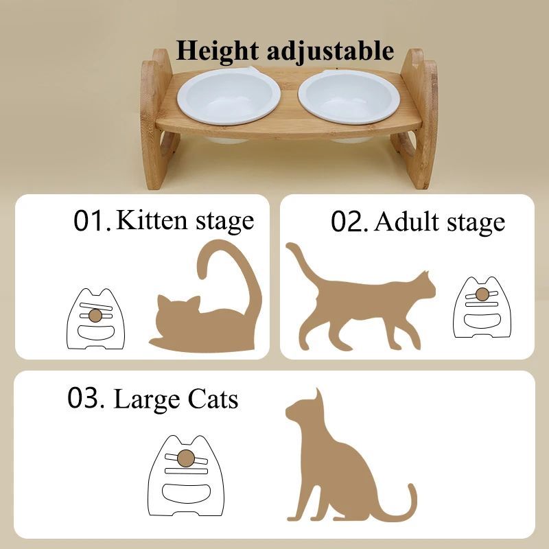 HKM-0170813 Height Adjustable Ceramic Pet Bowl with Wooden Stand for Dogs and Cats - Non-Slip & Tilt Design