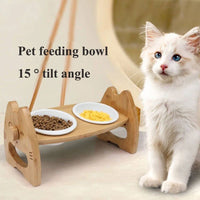 HKM-0170813 Height Adjustable Ceramic Pet Bowl with Wooden Stand for Dogs and Cats - Non-Slip & Tilt Design
