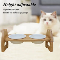 HKM-0170813 Height Adjustable Ceramic Pet Bowl with Wooden Stand for Dogs and Cats - Non-Slip & Tilt Design