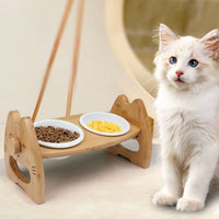 HKM-0170813 Height Adjustable Ceramic Pet Bowl with Wooden Stand for Dogs and Cats - Non-Slip & Tilt Design