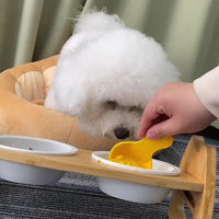 HKM-0170813 Height Adjustable Ceramic Pet Bowl with Wooden Stand for Dogs and Cats - Non-Slip & Tilt Design