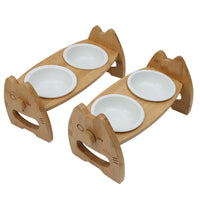 HKM-0170813 Height Adjustable Ceramic Pet Bowl with Wooden Stand for Dogs and Cats - Non-Slip & Tilt Design