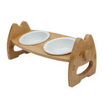 HKM-0170813 Height Adjustable Ceramic Pet Bowl with Wooden Stand for Dogs and Cats - Non-Slip & Tilt Design