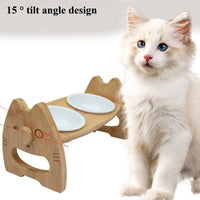 HKM-0170813 Height Adjustable Ceramic Pet Bowl with Wooden Stand for Dogs and Cats - Non-Slip & Tilt Design
