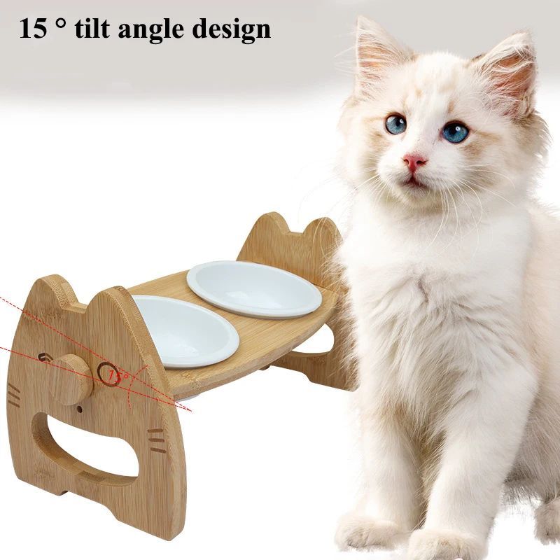 HKM-0170813 Height Adjustable Ceramic Pet Bowl with Wooden Stand for Dogs and Cats - Non-Slip & Tilt Design