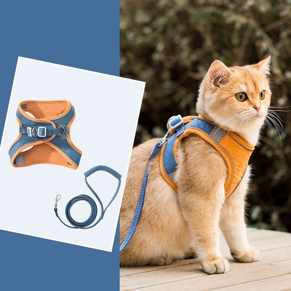 HKM-0173885 Reflective Chest Strap and Pulling Rope Vest for Cats - Multiple Sizes and Colors Available