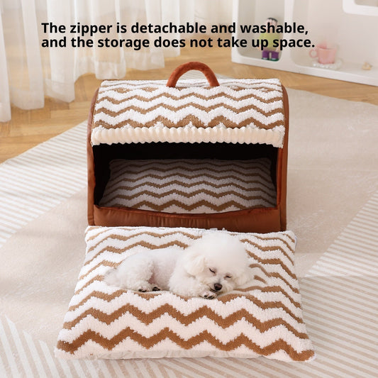 HKM-0174653 Houndstooth Semi-Enclosed Dog Kennel in Wavy Brown and Gray - Multiple Sizes Available