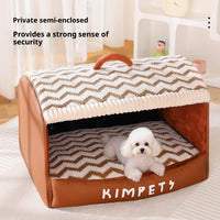 HKM-0174653 Houndstooth Semi-Enclosed Dog Kennel in Wavy Brown and Gray - Multiple Sizes Available