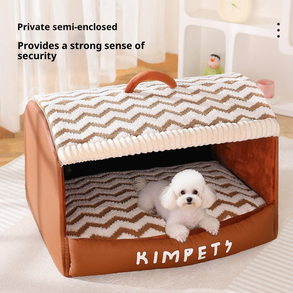 HKM-0174653 Houndstooth Semi-Enclosed Dog Kennel in Wavy Brown and Gray - Multiple Sizes Available