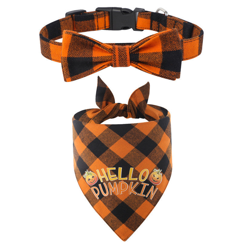 HKM-0176573 Plaid Dog Collar and Triangle Bib Set for Comfortable Pet Wear
