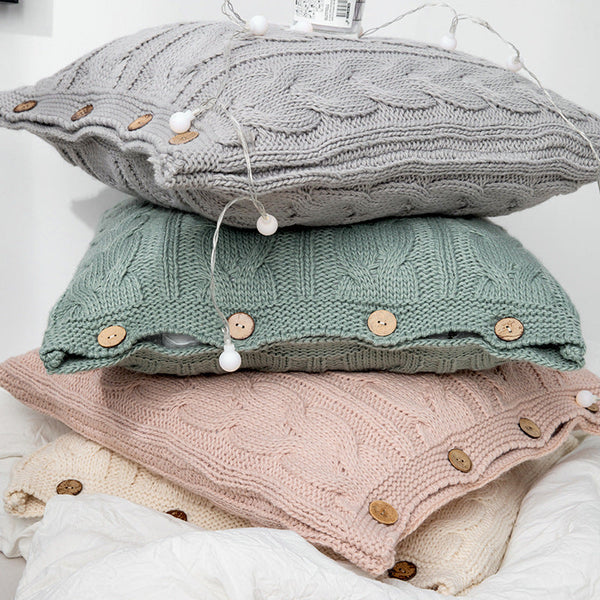 HKM-017875 Murray Iceland Yarn Solid Color Pillow Cover 45x45cm in Pink, Light Green, Beige, Smoky Gray