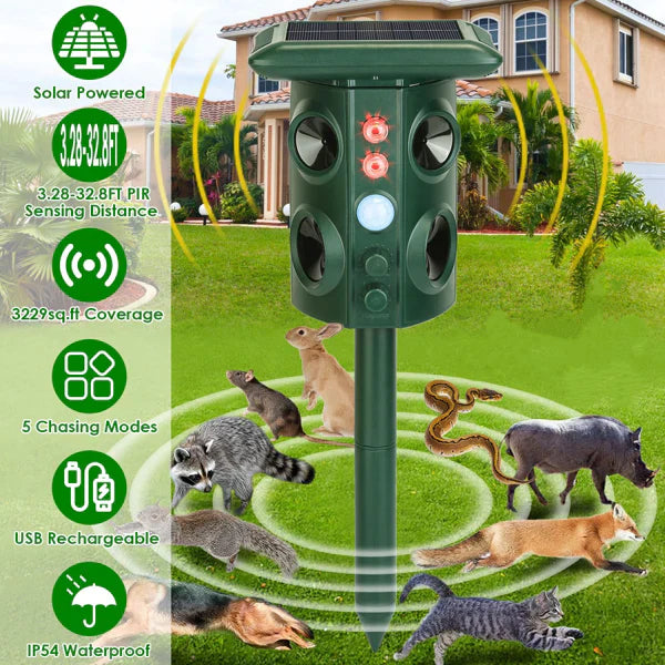 HKM-0181821 5-in-1 Solar & USB Animal Repeller with PIR Sensor, 3229 Sq.ft Coverage, Waterproof, for Rodents, Birds, and More