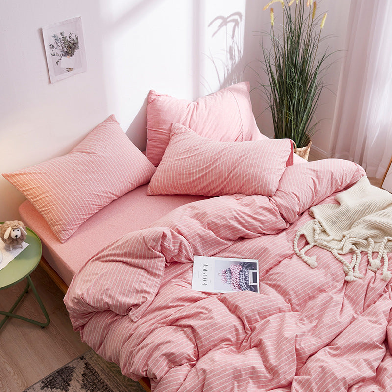 HKM-018387 Japanese-Style Tianzhu Cotton Striped Knitted Bedding Set - 4 Pieces for 1.8m Bed