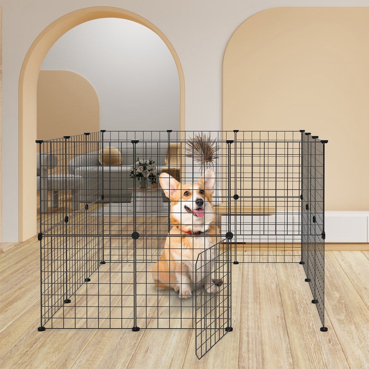 HKM-0183997 Durable Metal Animal Playpen with Door for Small to Medium Pets - Indoor & Outdoor Use, Easy Setup, Rustproof Design