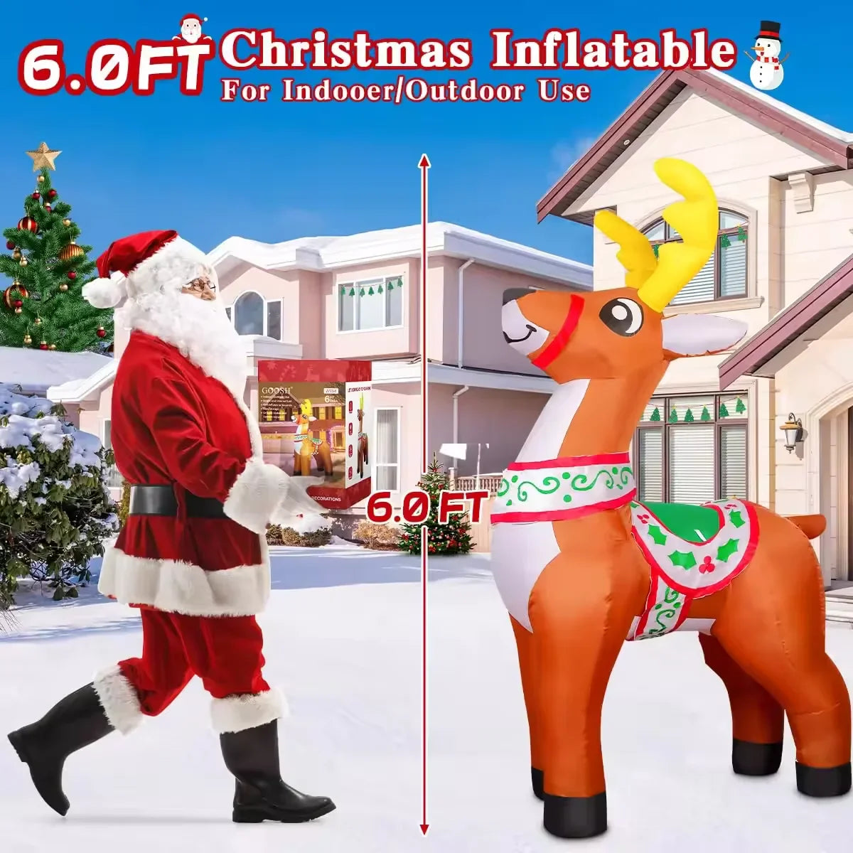 HKM-018515 6 FT Inflatable Reindeer Holiday Decoration with LED Lights for Outdoor Christmas Decor