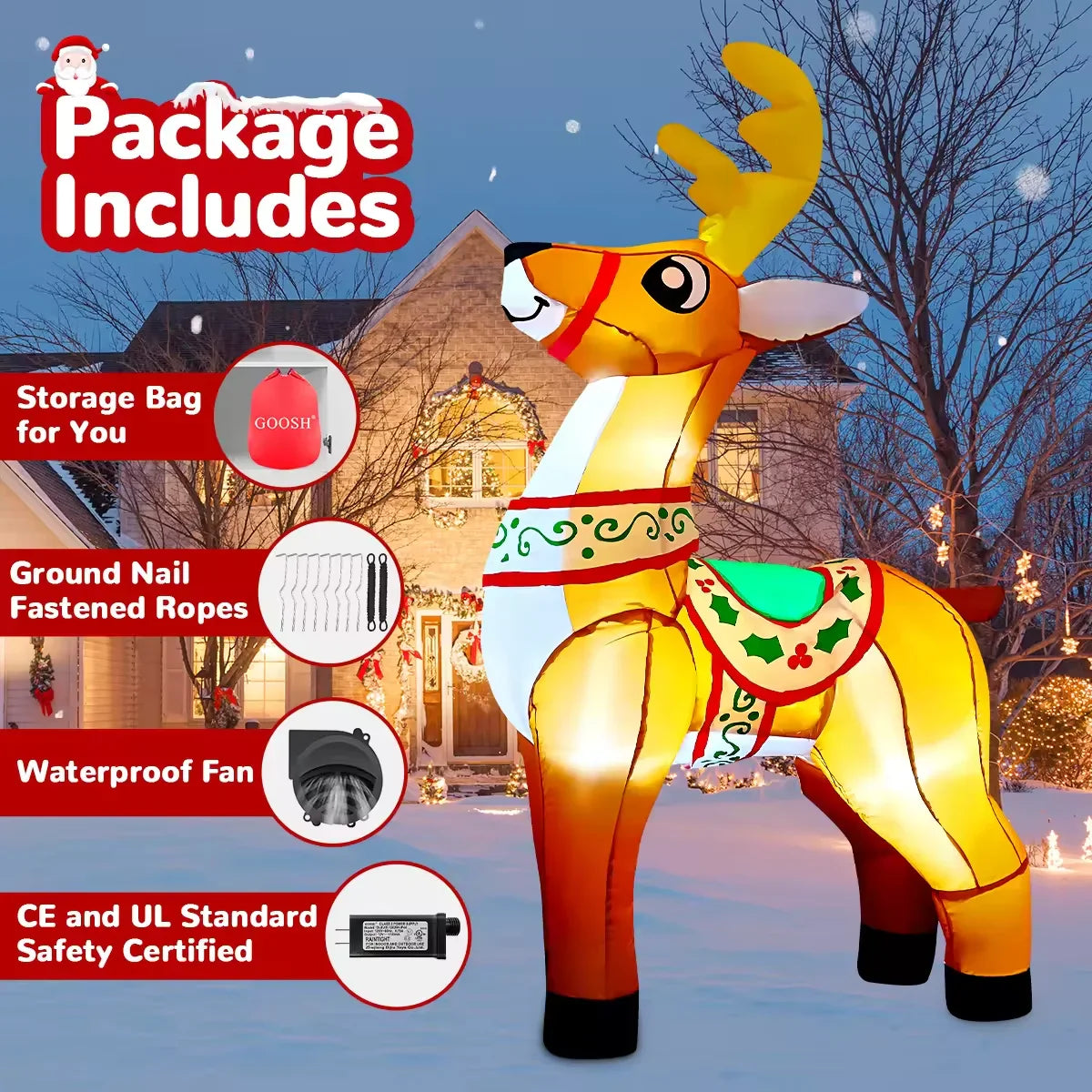 HKM-018515 6 FT Inflatable Reindeer Holiday Decoration with LED Lights for Outdoor Christmas Decor