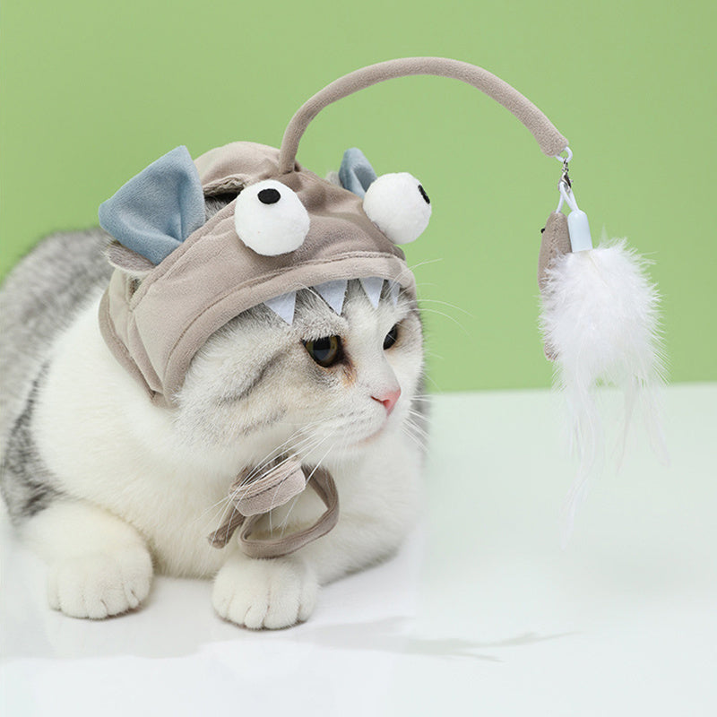 HKM-0187581 Cat Head Teaser Toy with Adjustable Strap, Soft Fabric and Plush Dinosaur Design for Indoor Play