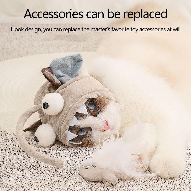 HKM-0187581 Cat Head Teaser Toy with Adjustable Strap, Soft Fabric and Plush Dinosaur Design for Indoor Play