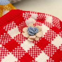 HKM-0188477 Cozy Red and White Checkered Sweater with Floral Design for Pets