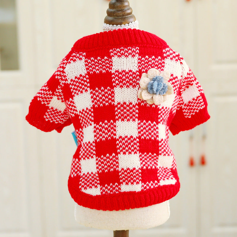 HKM-0188477 Cozy Red and White Checkered Sweater with Floral Design for Pets