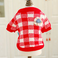HKM-0188477 Cozy Red and White Checkered Sweater with Floral Design for Pets