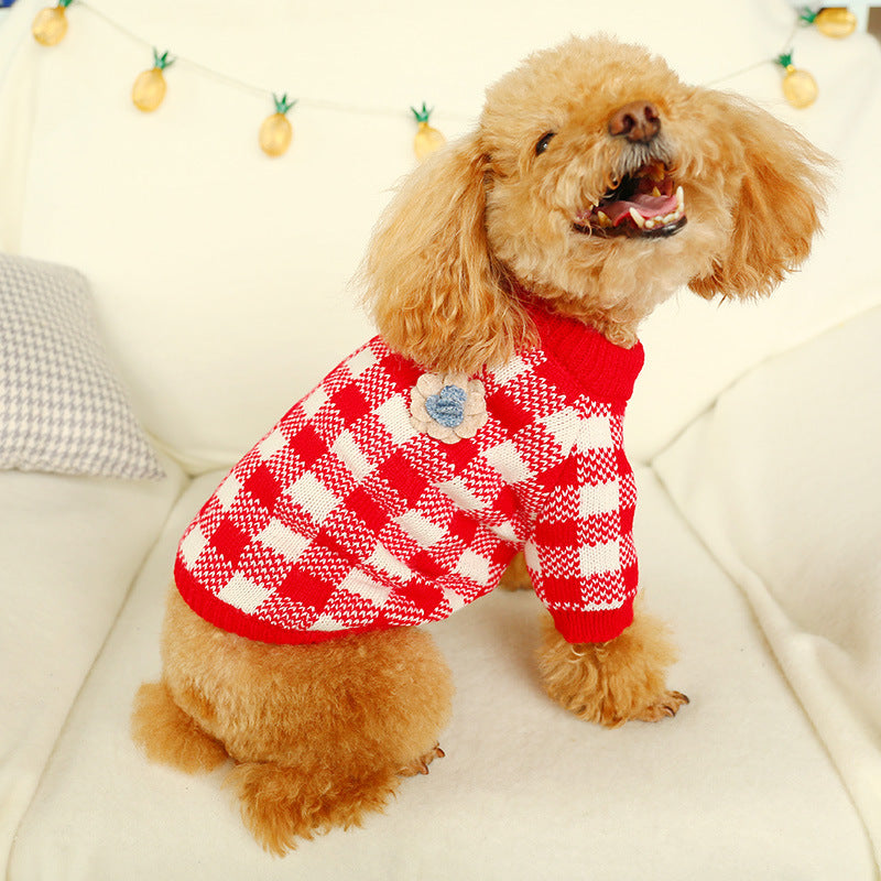 HKM-0188477 Cozy Red and White Checkered Sweater with Floral Design for Pets