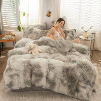 HKM-019219 Mink Velvet Four-Piece Thickened Warm Bedding Set - Princess Style with Colorful Prints