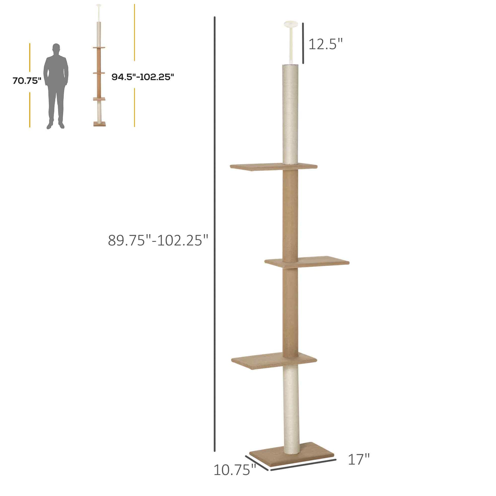 HKM-0195133 Light Brown Floor-to-Ceiling Cat Tree with Adjustable Height and Four Platforms