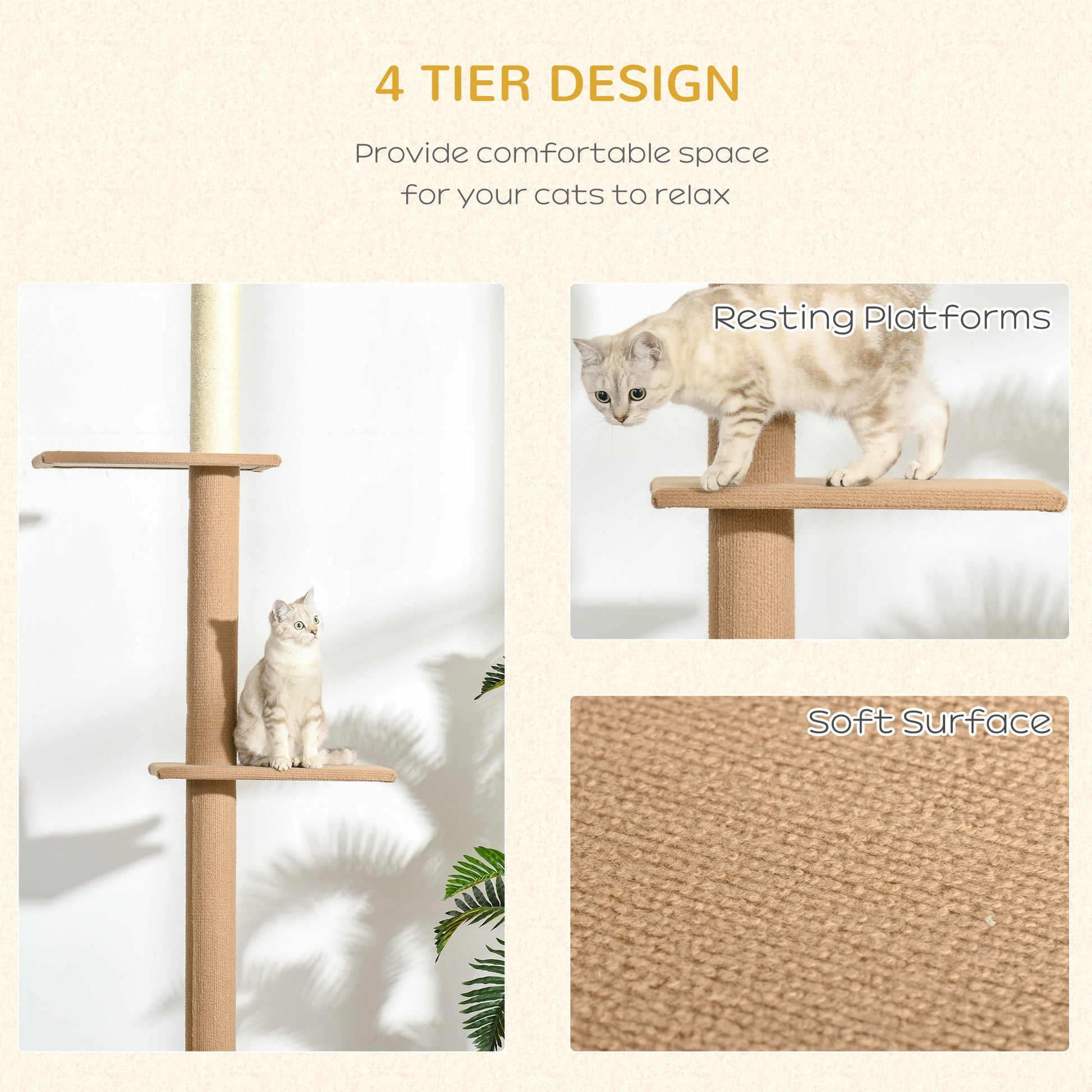 HKM-0195133 Light Brown Floor-to-Ceiling Cat Tree with Adjustable Height and Four Platforms