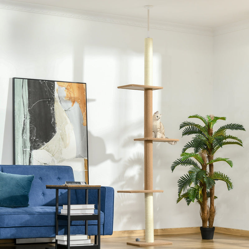 HKM-0195133 Light Brown Floor-to-Ceiling Cat Tree with Adjustable Height and Four Platforms