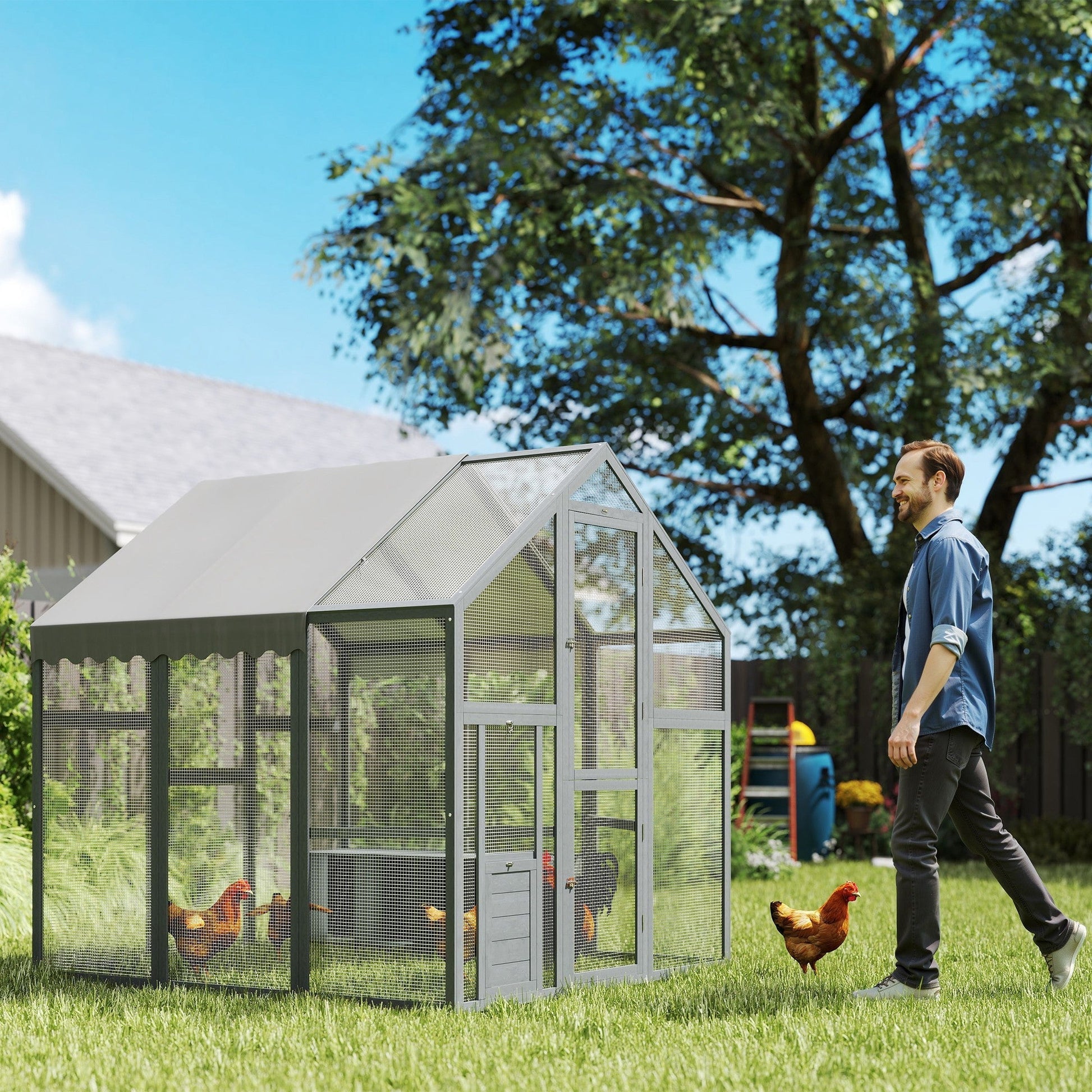HKM-0195517 Large Wooden Chicken Run with Waterproof Cover, Suitable for 6-8 Chickens, Backyard Poultry Coop, 5.5' x 6' x 6'