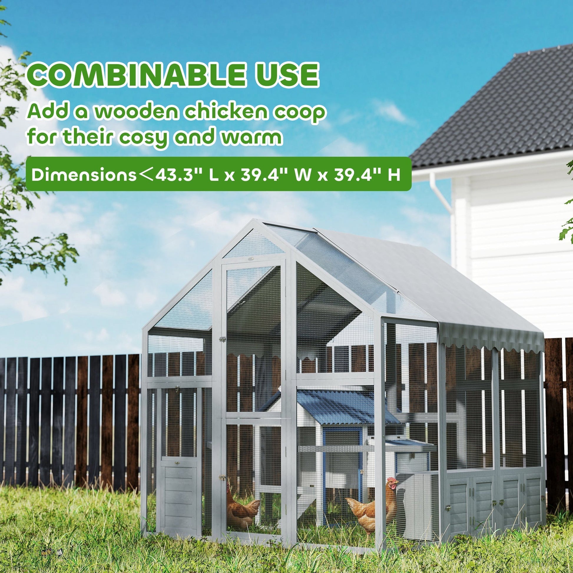 HKM-0195517 Large Wooden Chicken Run with Waterproof Cover, Suitable for 6-8 Chickens, Backyard Poultry Coop, 5.5' x 6' x 6'