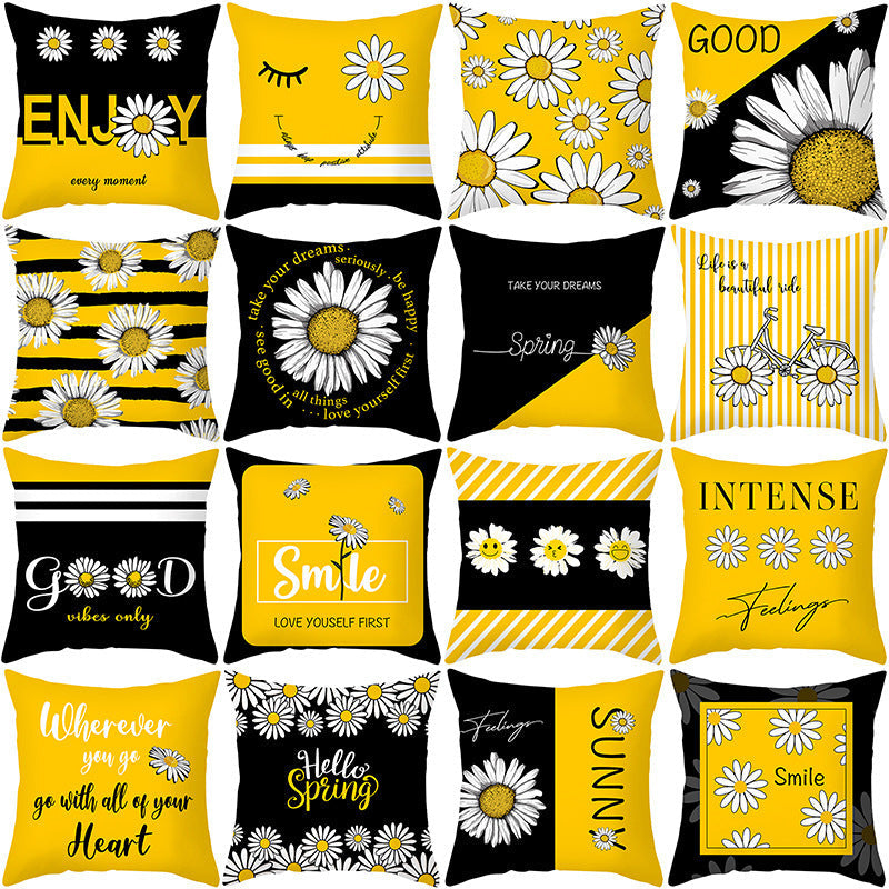 HKM-019603 Modern Yellow Daisy Floral Cushion Cover - Nordic Peach Skin Velvet Pillow Case 45x45cm