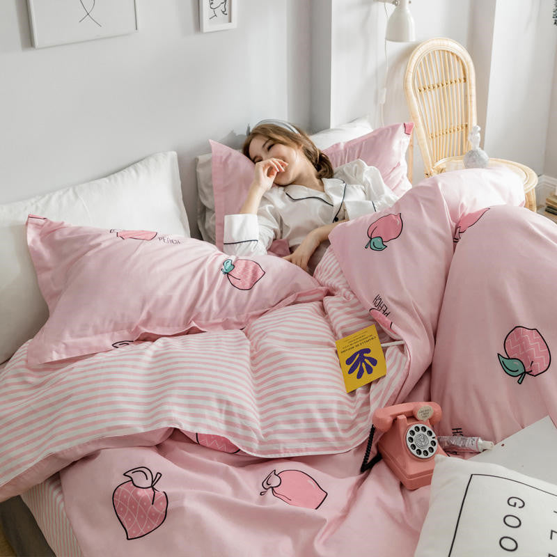 HKM-020051 Korean Style Four-Piece Twill Bedding Set with Floral Design for 1.5m and 1.8m Beds