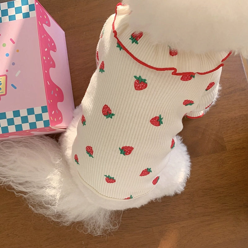 HKM-0202173 Casual Pet Strawberry Bottoming Shirt in White, Strawberry, and Pink - Size XS to XL