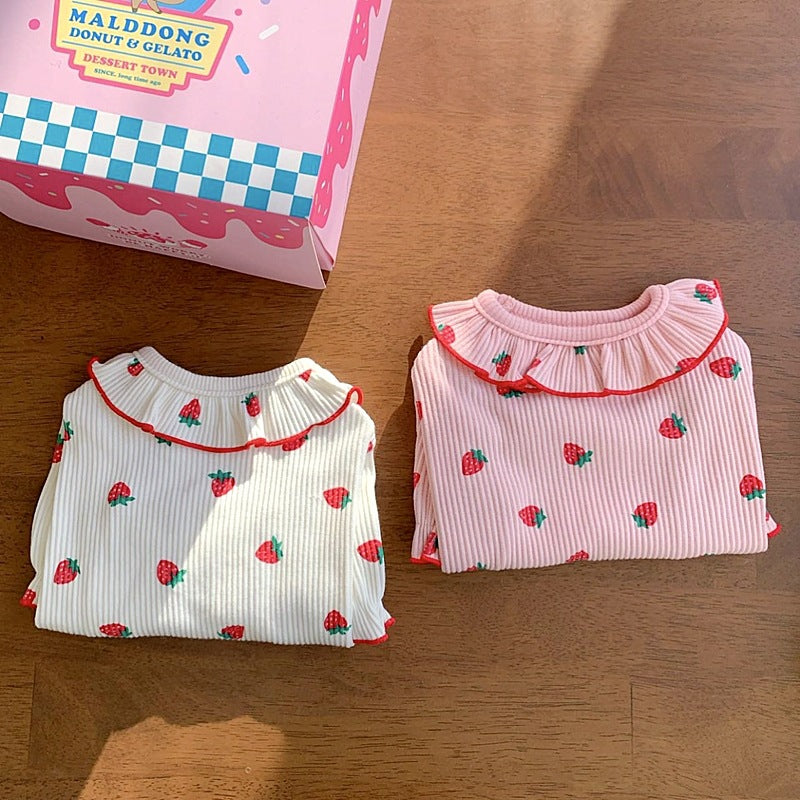 HKM-0202173 Casual Pet Strawberry Bottoming Shirt in White, Strawberry, and Pink - Size XS to XL
