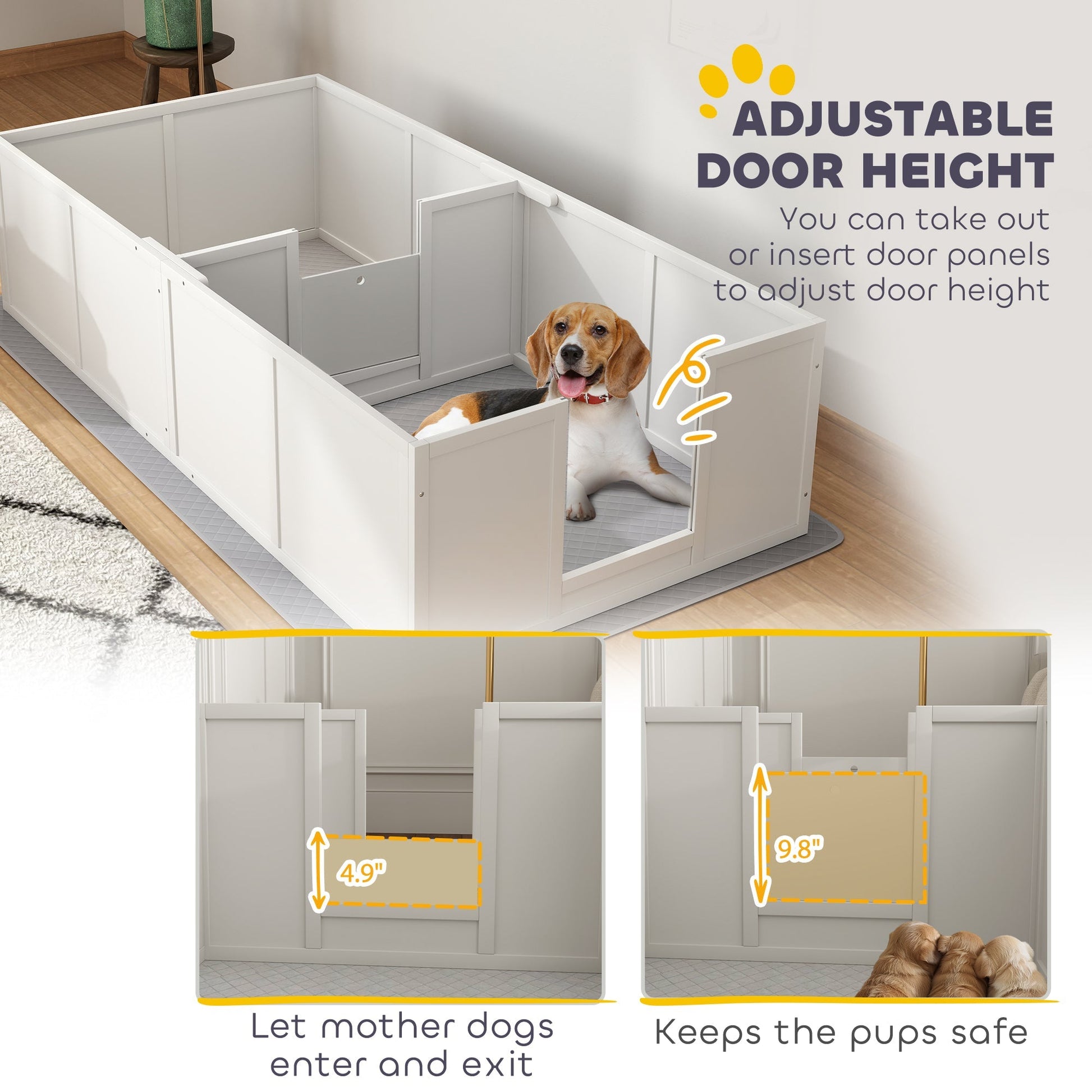 HKM-0203069 Whelping Box for Medium Dogs with Waterproof Pad and Adjustable Entrance - 77" x 38" x 19"