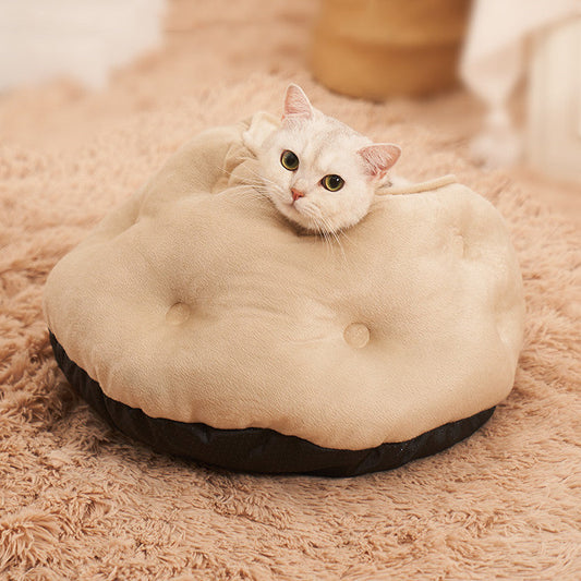 HKM-0207421 Warm Semi-Enclosed Plush Litter Mat for Cats in Beige and Blue