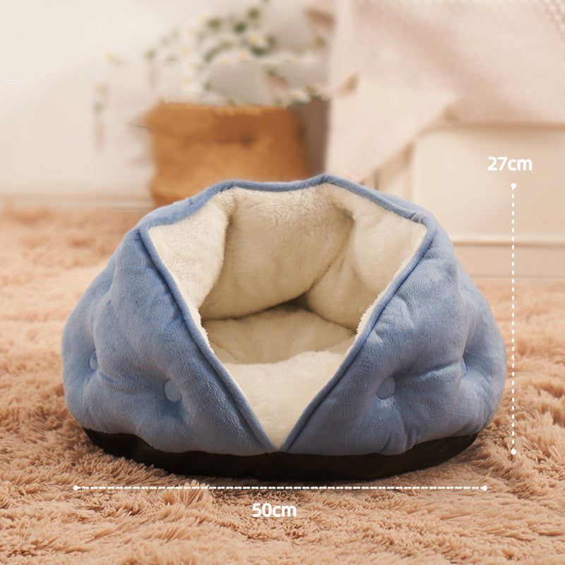 HKM-0207421 Warm Semi-Enclosed Plush Litter Mat for Cats in Beige and Blue