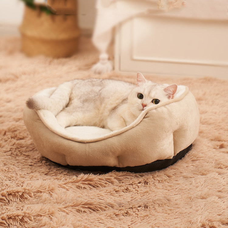 HKM-0207421 Warm Semi-Enclosed Plush Litter Mat for Cats in Beige and Blue