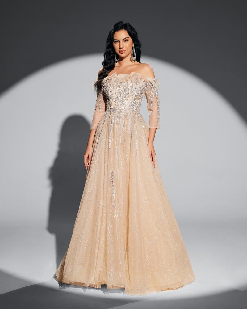 HKM-020755 Champagne Elegance Evening Dress for Women - EZ25044