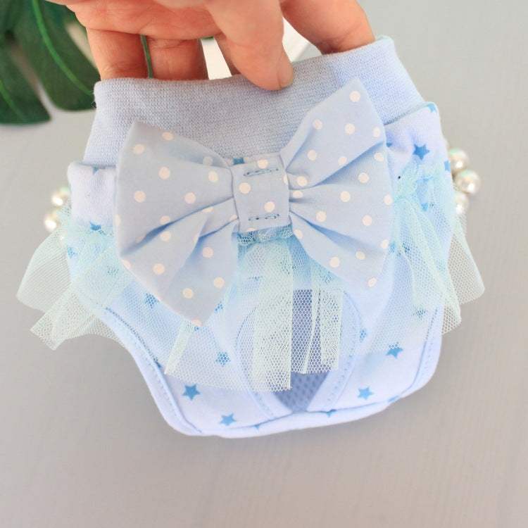 HKM-0207933 Bichon Poodle Canine Menstrual Panties in Denim with Mesh Bow - Pink & Blue Options Available