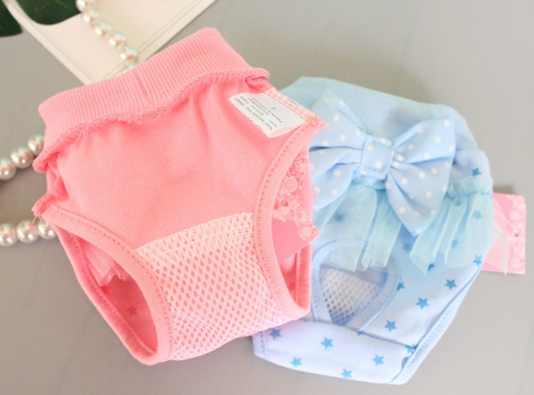 HKM-0207933 Bichon Poodle Canine Menstrual Panties in Denim with Mesh Bow - Pink & Blue Options Available
