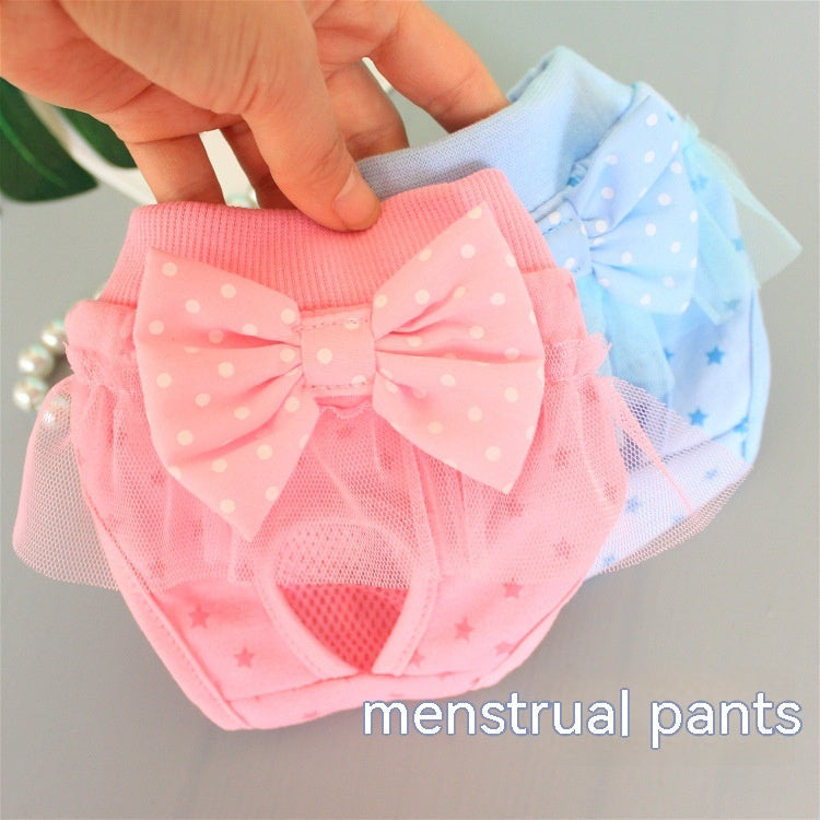HKM-0207933 Bichon Poodle Canine Menstrual Panties in Denim with Mesh Bow - Pink & Blue Options Available