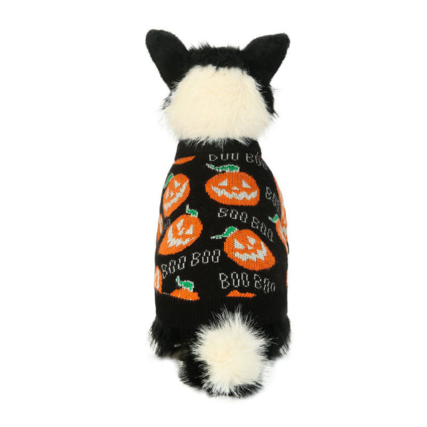 HKM-0211133 Halloween Pumpkin Pattern Dog Sweater - Black, Sizes S-XXL, Polyester Material