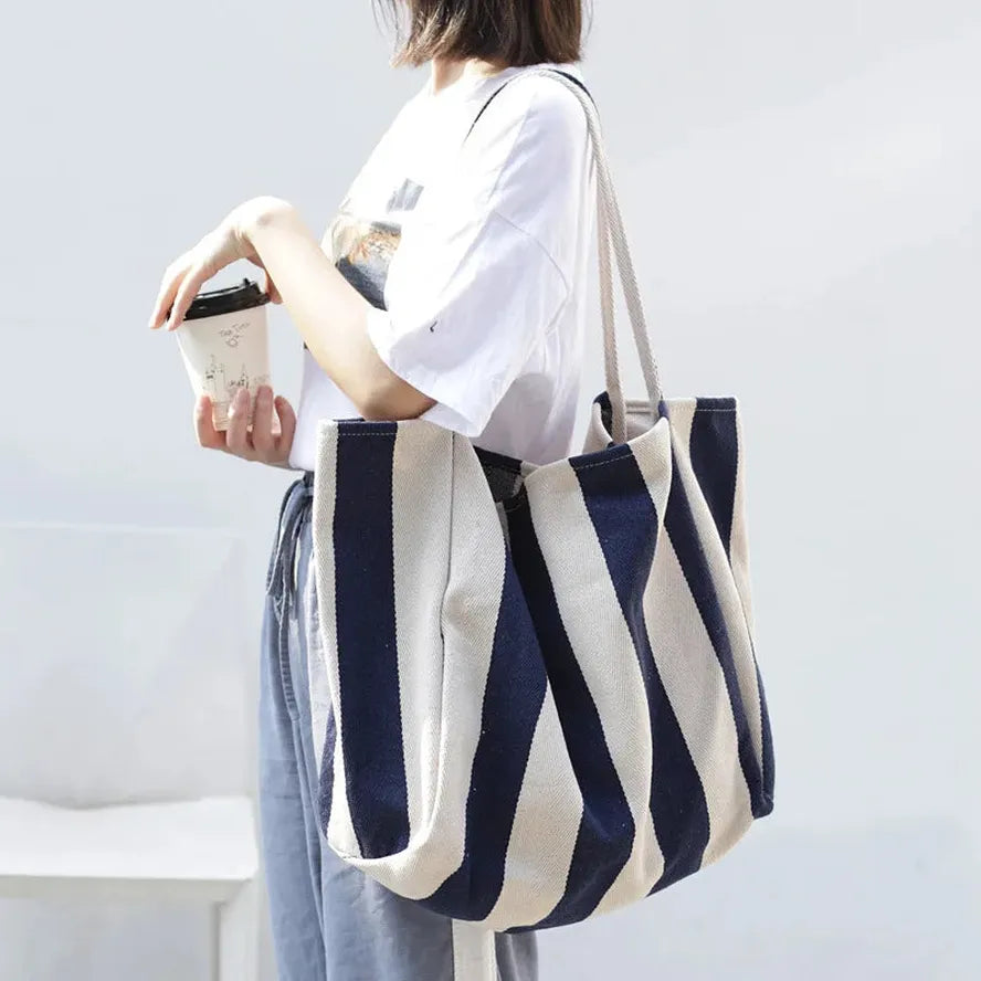 HKM-021267 Women's Striped Tote Bag – Casual Korean Handbag for Shopping and Everyday Use