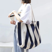 HKM-021267 Women's Striped Tote Bag – Casual Korean Handbag for Shopping and Everyday Use