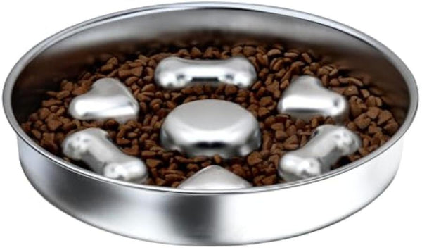 HKM-021715 Non-Slip Slow Feeder Dog Bowl: Durable Stainless Steel with Heart and Bones Design, Suitable for All Dog Sizes