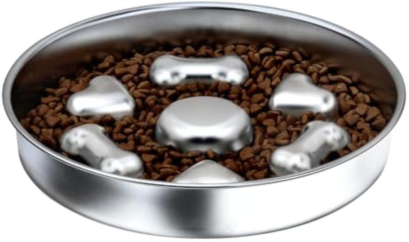 HKM-021715 Non-Slip Slow Feeder Dog Bowl: Durable Stainless Steel with Heart and Bones Design, Suitable for All Dog Sizes