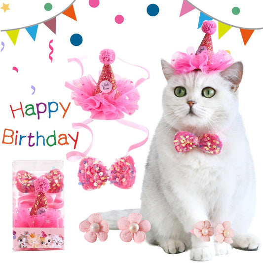 HKM-0221117 Cat Party Outfit Set - Pink or Blue Birthday Hat, Bow Tie & Flower Collar